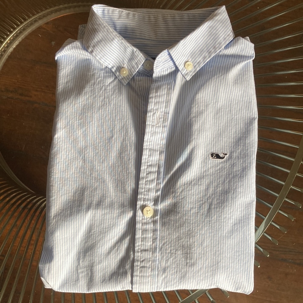 Vineyard Vines blue striped button down whale shirt size small 8-10